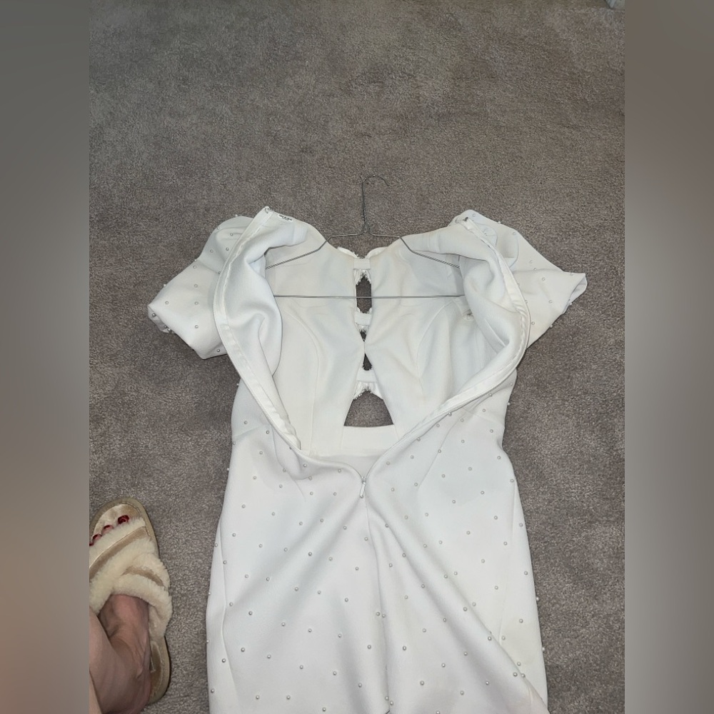 Rebecca Vallance White bow Mini Dress Puff Sleeves pearls bride size 2, 4 stains - Picture 15 of 16